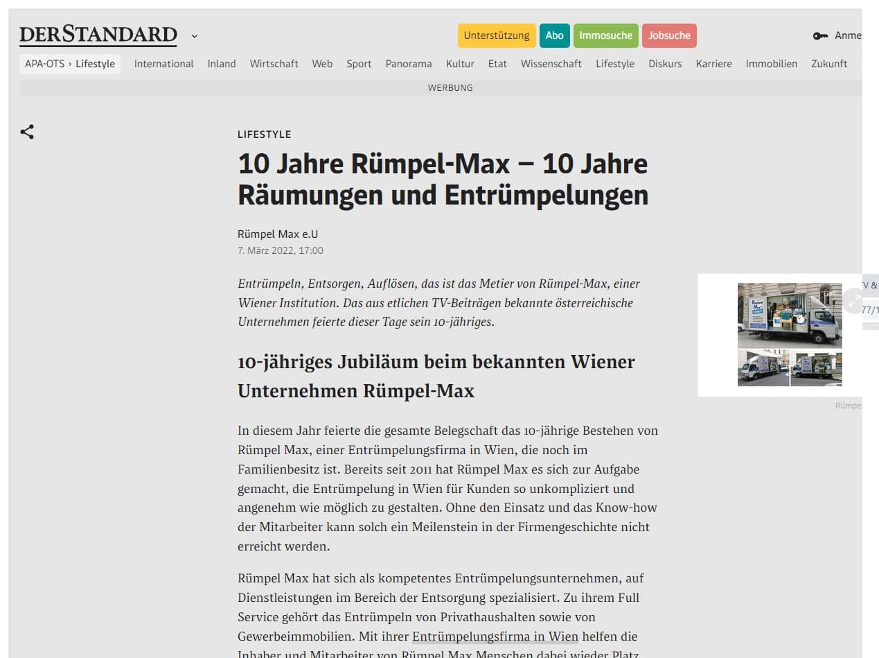 Der Standard Bericht über 10 Jahre Rümpel Max und soziales Engagement