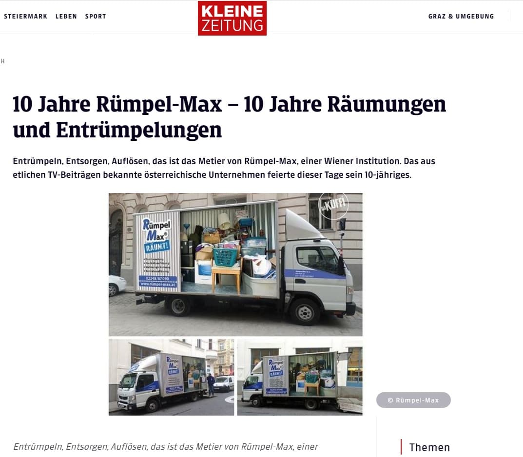 Kleine Zeitung: Rümpel Max feiert 10 Jahre nachhaltige Entrümpelung