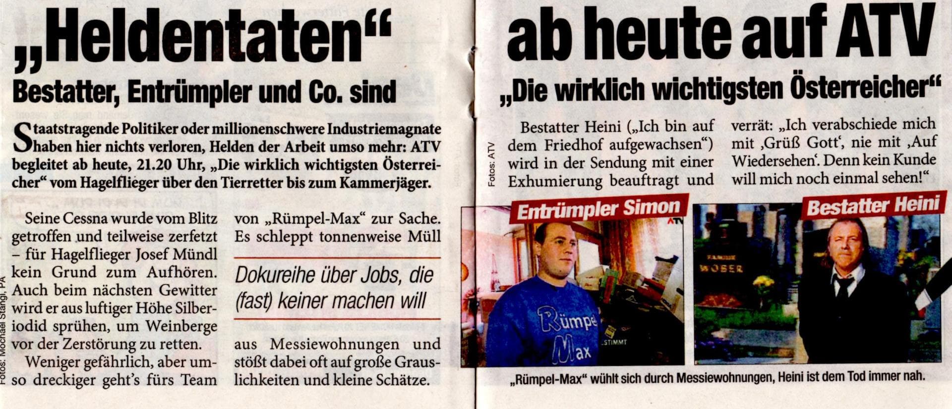 Heute Zeitung Bericht: Rümpel Max bei ATV Sendung 'Die wirklich wichtigsten Österreicher'